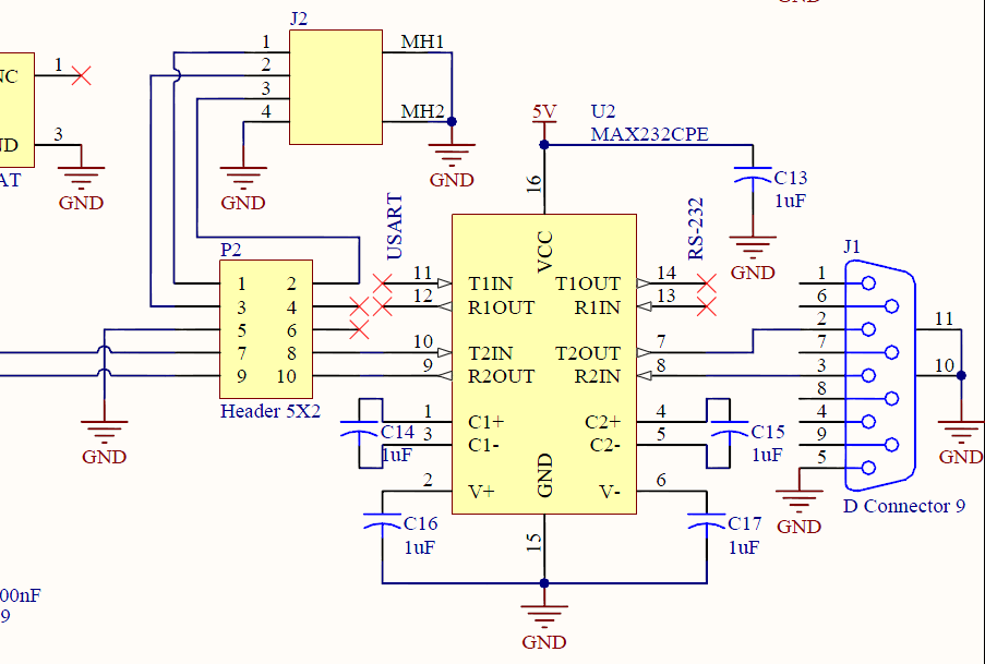 MAX232 circuit connecting STM32 USART pins to a DB9 RS-232 connector